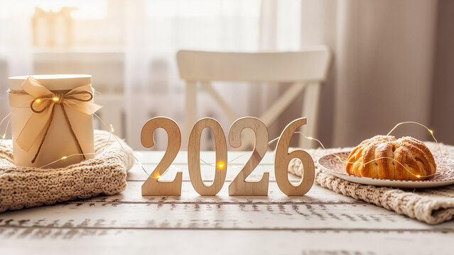 New Year 2026 table setting with decorations and treats for holiday marketing, event promotions, and social media content