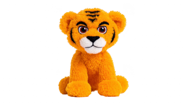 Plush tiger toy orange fur black stripes white muzzle cute face sitting position soft texture children stuffed animal isolated background