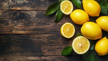 Fresh Lemons and Green Leaves Arranged on a Wooden Surface in a Natural and Vibrant Display