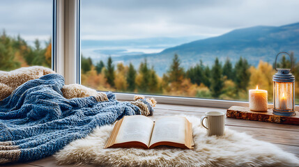 Cozy self-care retreat with a book scenic mountain view lifestyle peaceful environment focus on well-being