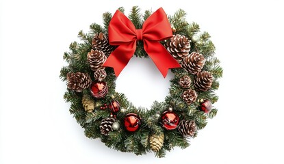 Beautiful Christmas Wreath Decorated With Pine Cones and Bright Red Bow for Holiday Celebrations