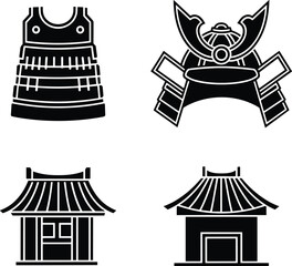 Japanese Armor and Traditional Building Icons Silhouette