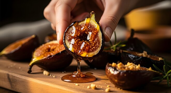 sweet roasted fig half with honey drizzle being held by a hand on a wooden board for food photography, culinary recipe blogs, healthy eating websites, and dessert menu presentations