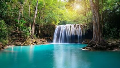 Cascading Waterfall Surrounded by Lush Greenery in a Serene Forest Setting During Golden Hour