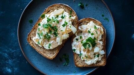 Sliced Fish on Toast With Cream Cheese and Black Sesame Seeds Served on a Plate