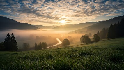 Golden sunrise illuminates misty mountain valley with a winding river and lush green forest