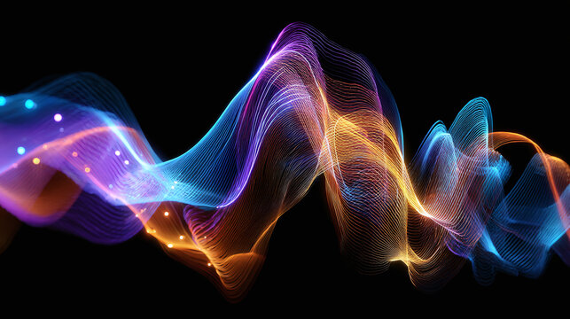 Vibrant and luminous waves of sound in a dark background, illustrating the concept of music or audio