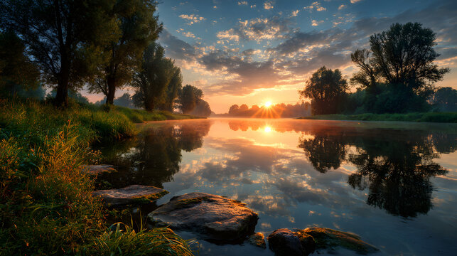 Glowing sunrise over tranquil landscape inspiring introspective peace 