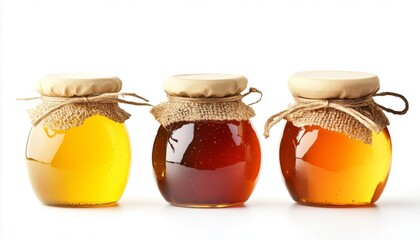 Three Jars of Honey in Various Colors and Shades Displayed on a White Background