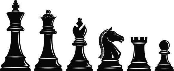 Classic Chess Pieces Silhouette Vector Illustration Set Including King Queen Bishop Knight Rook and Pawn for Strategy Game Competition Concept © MstMajeda
