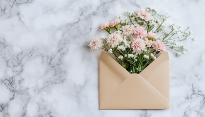 Flowers in a Brown Envelope on a Marble Surface for a Creative Gift Idea