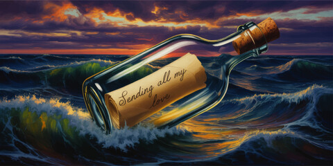 Romantic message in a bottle floating on stormy ocean waves at sunset, love letter seascape illustration for Valentine’s Day design