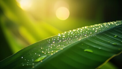 Morning Sunlight Shines on a Green Leaf Adorned With Droplets of Water in a Serene Natural Setting