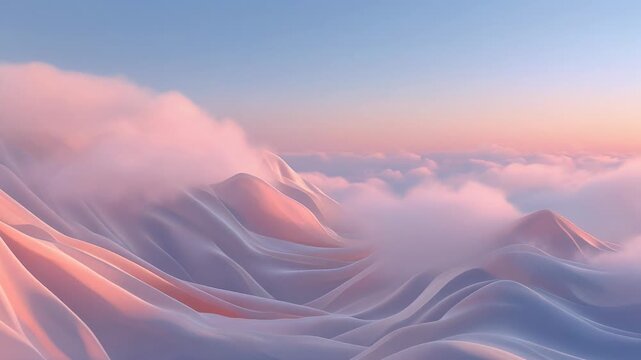Serene pastel mountain landscape with soft clouds at sunrise, ideal for travel and nature enthusiasts