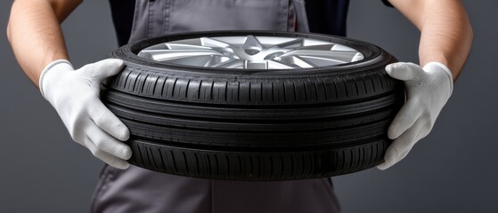 Holding a car tire with gloves in a workshop during tire maintenance in an auto repair shop