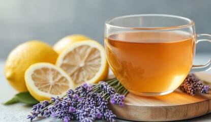Warm Cup of Herbal Tea With Lemon and Lavender on a Wooden Surface in Bright Kitchen Setting