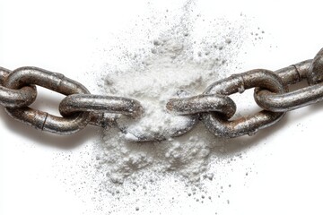 Obraz premium Close-up of a broken metal chain with white powder spilling out, symbolizing strength and fragility