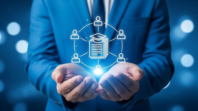 Businessman holding glowing network of learning and education icons - Powered by Adobe