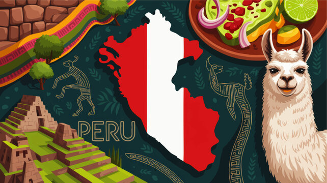 Colorful Peru travel illustration with map flag, Machu Picchu ruins, llama, Nazca lines and traditional Peruvian food