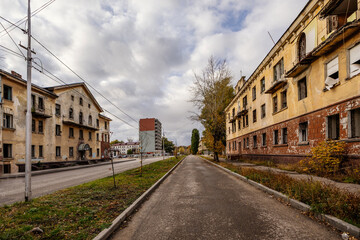 Destroyed and damaged city buildings after war or natural disaster