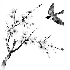 Elegant ink painting with apricot blossoms and flying magpies, Chinese style