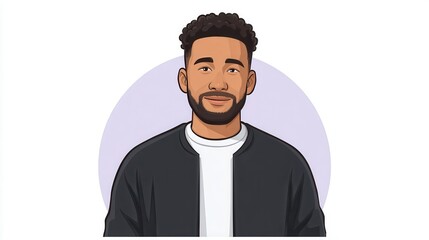 Digital illustration of a smiling man with curly hair wearing a casual jacket. Friendly and approachable character design.