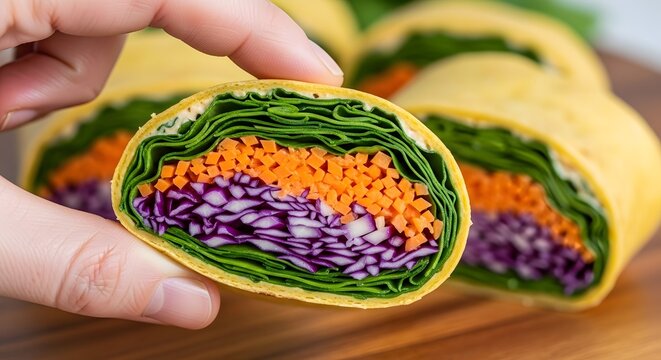hand holding sliced healthy rainbow vegetable wrap with carrots and cabbage for clean eating, keto, and vegetarian blogs, diet guides, and cookbook publishing.
