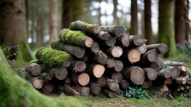 Wooden logs stacked neatly in a serene forest setting surrounded by greenery during daylight hours