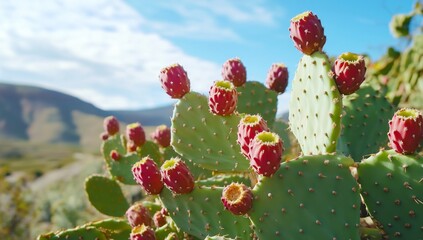 Colorful Cactus Plants Blooming Under a Clear Blue Sky in a Sunny Desert Landscape