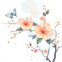 Elegant ink painting with hibiscus flowers and fluttering butterflies, Chinese style