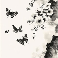 Elegant ink painting with hibiscus flowers and fluttering butterflies, Chinese style