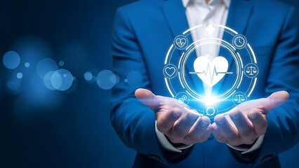Businessman holding a glowing digital heart symbol in his hands