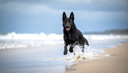 Black dog running joyfully on a sandy beach towards the camera with splashing waves in the background, under cloudy skies