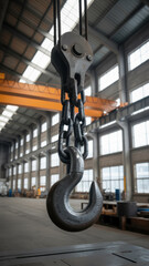 Naklejka premium Heavy duty crane hook and chain ready to lift, perfect for construction, industrial, and manufacturing projects needing reliable and robust equipment