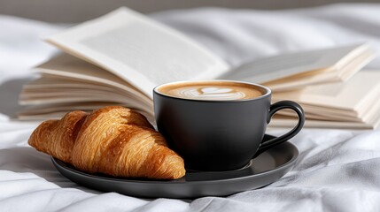 A cup of coffee with latte art and a croissant on a plate beside an open book on a bed. Perfect for breakfast in bed concept.