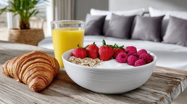 A bowl of yogurt topped with fresh strawberries and raspberries, served with a croissant and a glass of orange juice. Morning meal concept. - Powered by Adobe