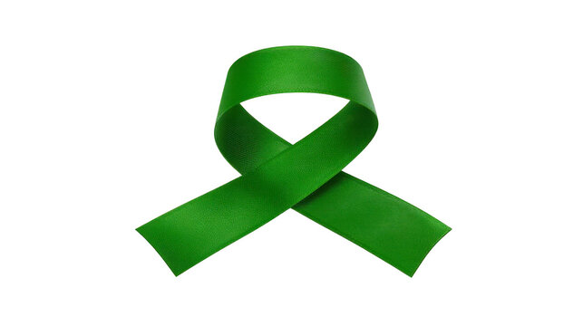 Green awareness ribbon, symbolizing mental health support, organ donation, and environmental awareness, isolated on transparent background, representing hope and solidarity