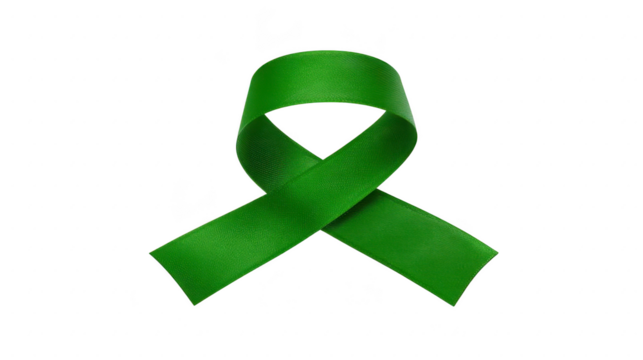 Green awareness ribbon, symbolizing mental health support, organ donation, and environmental awareness, isolated on transparent background, representing hope and solidarity