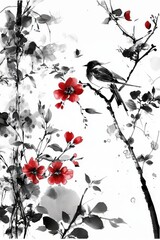 Elegant ink painting with apricot blossoms and flying magpies, Chinese style