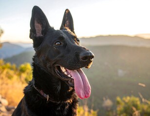 Black dog, tongue out, gazing towards sunny mountains. Scenic golden hour
