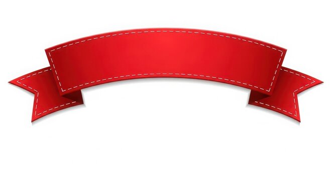Red ribbon banner with stitched edges isolated on white background