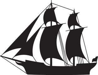 A silhouette illustration of a ship sailing on the sea with billowing sails, a classic nautical vessel