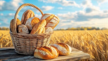 Freshly Baked Bread in a Rustic Basket Beside Golden Wheat Fields at Sunset