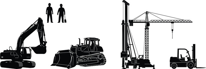 Collection of black construction machinery silhouettes featuring excavator bulldozer crane forklift and workers isolated on white background vector illustration.