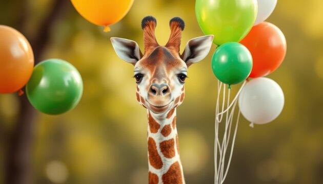 Adorable baby giraffe with a curious expression surrounded by colorful balloons in a festive outdoor setting