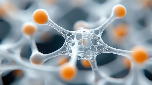 Close-up of an abstract molecular structure with orange spheres and a network of interconnected elements, rendered with soft lighting and a shallow depth of fie - Powered by Adobe