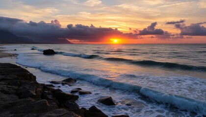 Dramatic sunset over a rocky coastline with vibrant orange clouds and crashing ocean waves