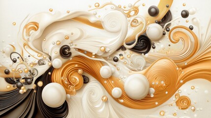 An abstract composition featuring swirling forms in gold, white, and black, with spherical elements, all set against a white backdrop.