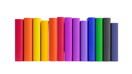 Colorful yoga mats arranged in row featuring vibrant shades of red orange yellow purple blue and green creating cheerful and organized fitness atmosphere