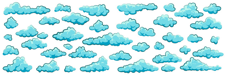 Painted cartoon clouds on blue background. Simple hand drawn round cloud, summer sky panorama, cloudscape. Flat design. Vector illustration.